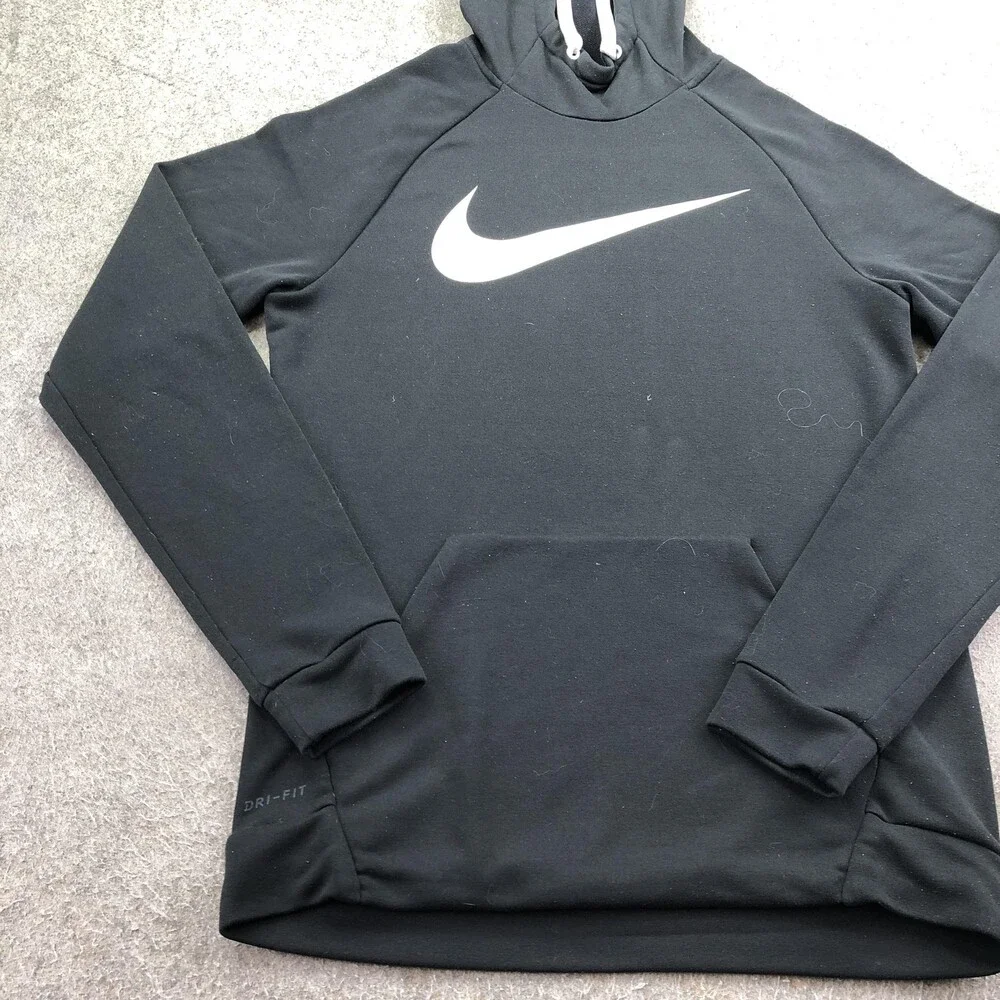 Nike Hoodie Mens Medium Black Pullover Dri Fit Sweatshirt Big Swoosh Logo Front